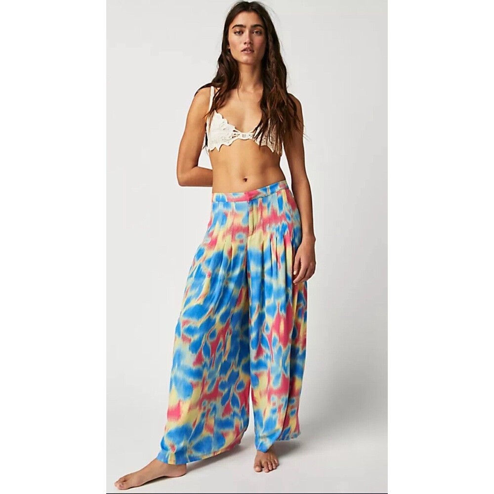 Free People Women Pants Wild Child Boho Pleated Color-block Trousers Sz M NWT